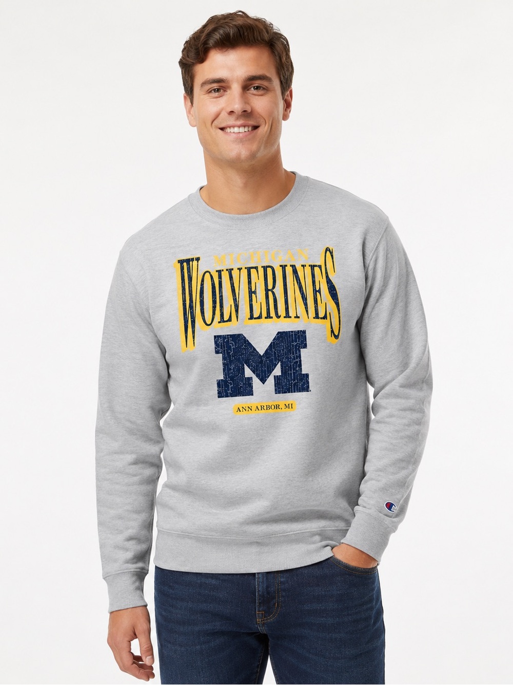 Champion Gray Crewneck Sweatshirt with Yellow & Navy Collegiate Print